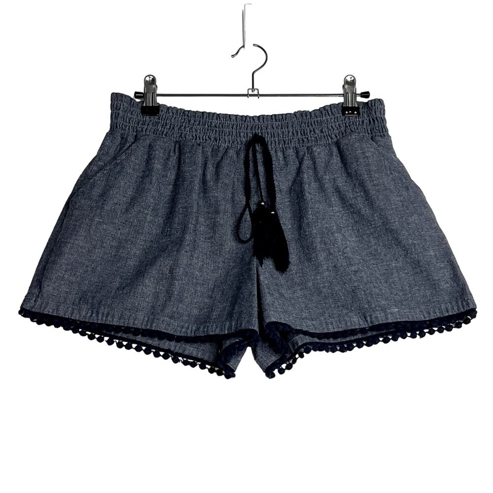 Takara Pull On Tassel Drawstring Pom Pom Shorts Blue Womens Medium Linen Blend